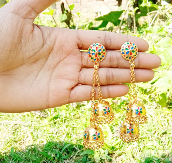 Assamese_Copper_Multi_Colour_Double_Jhumka_Earring_For_Girls_&_Women